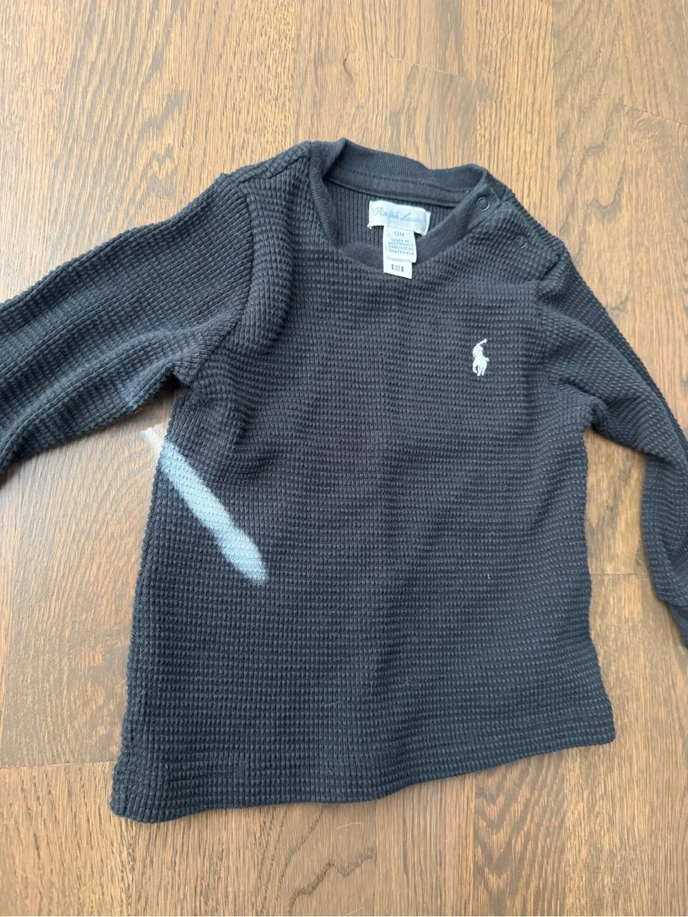 Ralph Lauren Black Waffle Knit Long-Sleeve Tee with White Logo